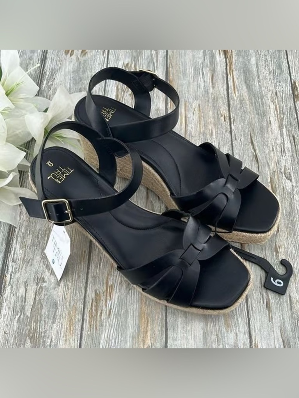 Time and Tru Black Wedge Ankle-Strap Sandals